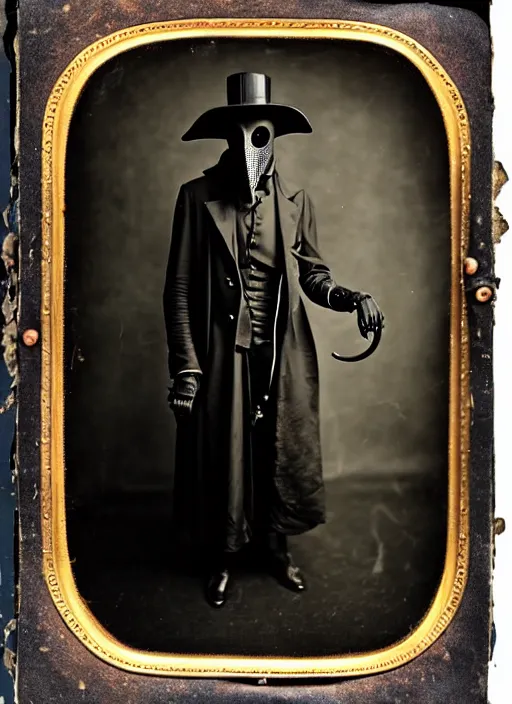 Prompt: 1910s photograph of a futuristic plague doctor in Steampunk leather high fashion Gothic bespoke couture storybook wide shot taken on A poloroid photograph from a large format camera Daguerreotype from the year 3020 in Kodachrome