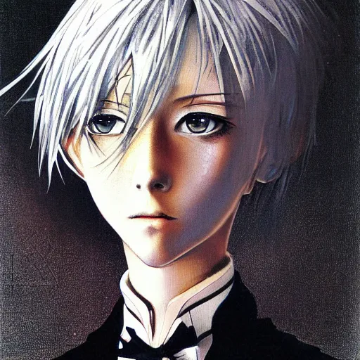 Image similar to Yoshitaka Amano realistic illustration of an anime girl with short white hair and black eyes wearing tuxedo, abstract black and white background, film grain effect, highly detailed, Renaissance oil painting