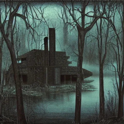 Image similar to cabin in dark forest on the lake, painting by Giger