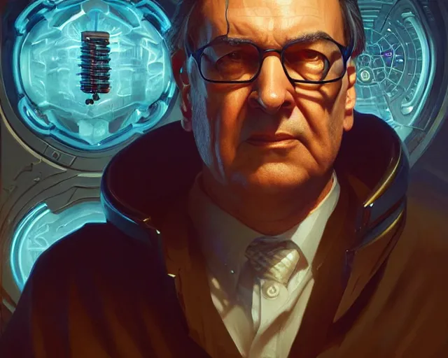 Image similar to oldman florentino perez with cyberpunk implants, deep focus, d & d, fantasy, intricate, elegant, highly detailed, digital painting, artstation, concept art, matte, sharp focus, illustration, hearthstone, art by artgerm and greg rutkowski and alphonse mucha