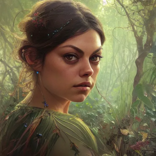 Image similar to a beautiful closeup portrait of mila kunis, magical forest background, serene colors, dramatic light, gorgeous view, depth, high detail, digital art, painted by alphonse mucha and greg rutkowski, trending on artstation