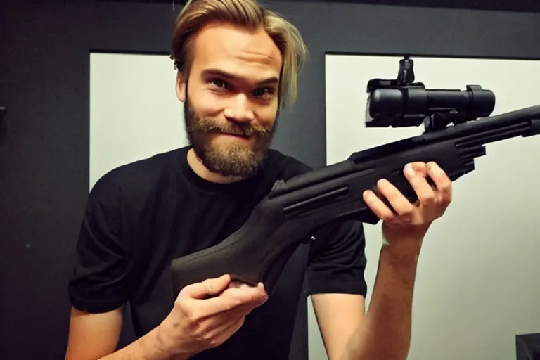 Image similar to pewdiepie doing a gaming video with a gun