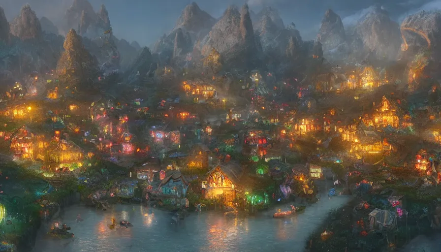 Image similar to village built in flowery mountains, glow lights at night, hyperdetailed, artstation, cgsociety, 8 k