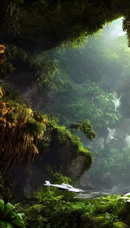 Image similar to a sci - fi flying car floating in a prehistoric jungle cave, lush flora, waterfall, sunset, hazy, volumetric lighting, rtx on, photorealistic render, unreal engine 5