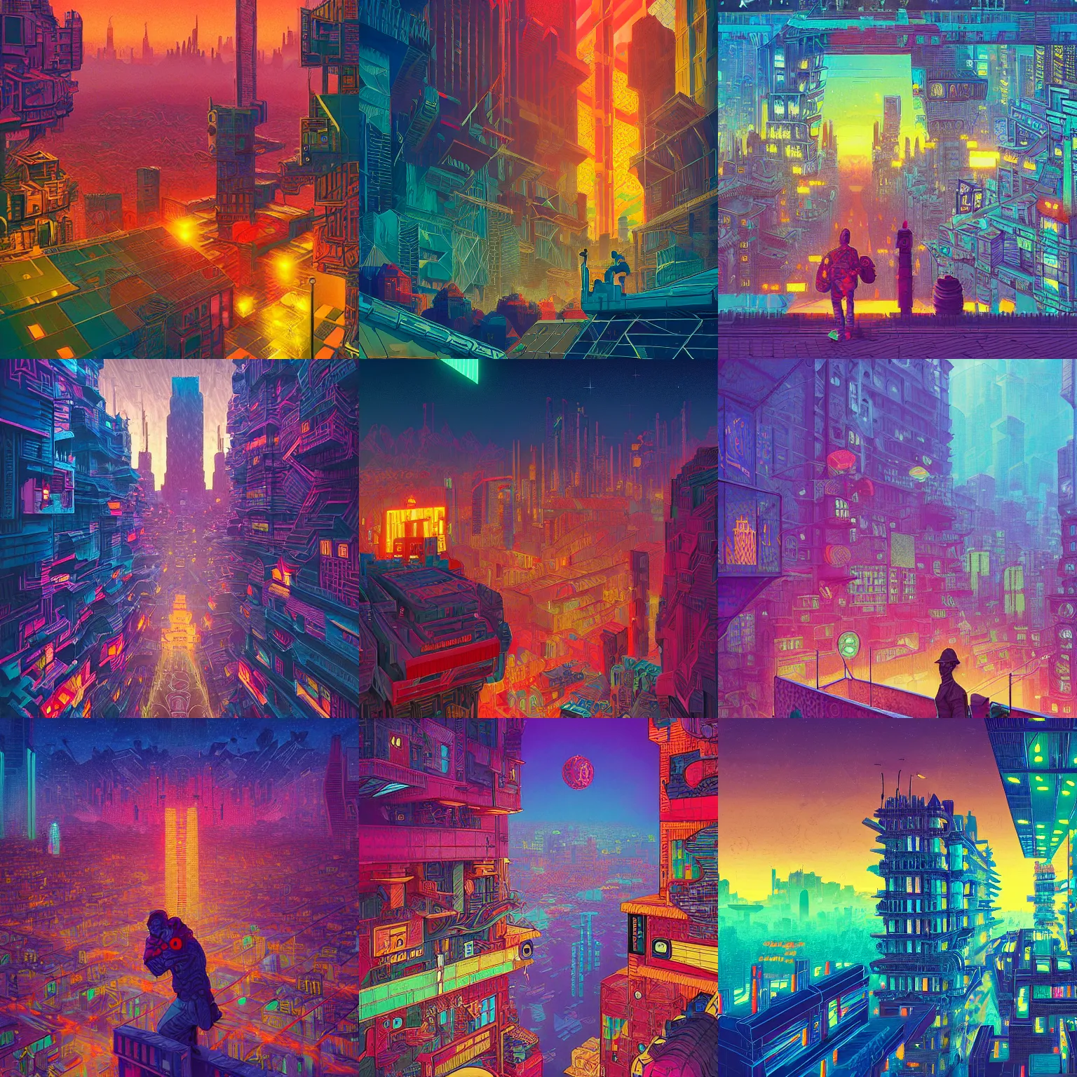 Prompt: rugged hero in foreground of neon tessellating escher city cityscape by alena aenami, petros afshar, anato finnstark, peter max, mucha