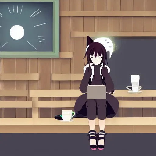 Image similar to anime cute girl with cat ears and cat tail sitting in a cafe looking at camera, moescape, studio ghibli, digital art, clean lines, cartoon