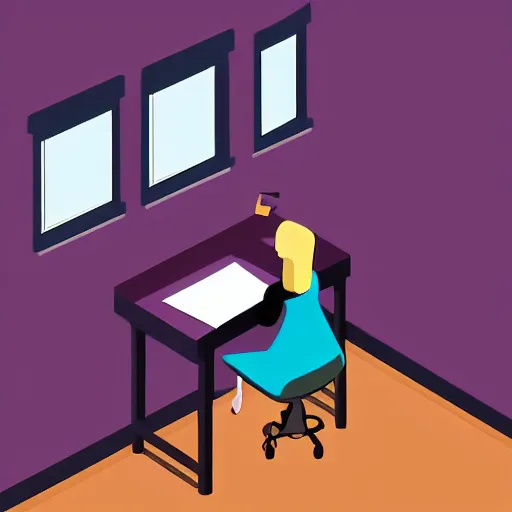 Image similar to isometric flat art of a woman writing at a desk looking out the window