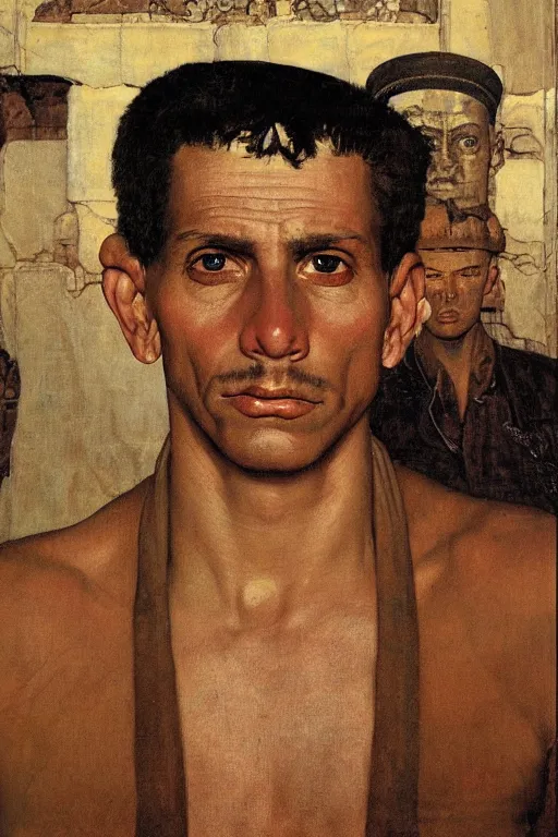 Image similar to a closer personal portrait of man with very piercing eyes, very charismatic. in the old ancient temple of the sphinx. masterpiece, dark. painted by norman rockwell and james gurney