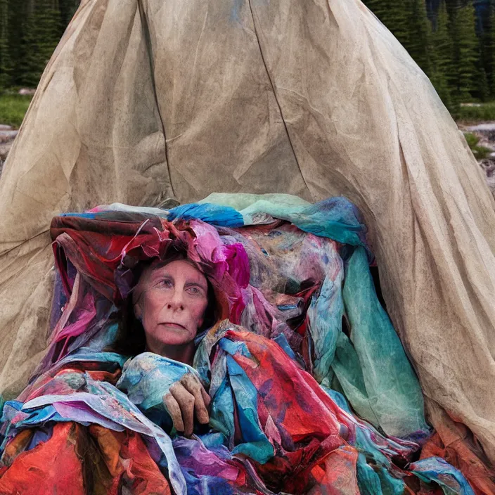 Prompt: a color photograph, closeup portrait of a woman wrapped in textiles, sitting in a plastic throne, in glacier national park in montana, color photograph, by vincent desiderio, canon eos c 3 0 0, ƒ 1. 8, 3 5 mm, 8 k, medium - format print