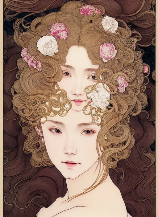 Image similar to young blond girl, macabre dark goddess of pearls and peonies, with long curly, hazelnut hair, perfectly proportioned face, brown eyes, sweet smile, strong jawline, by takato yamamoto, natural lighting, path traced, highly detailed, high quality, cartoon, digital painting, by new haicheng and studio ghibli, alphonse mucha