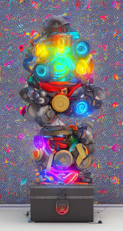 Image similar to cinema 4d colorful render, giant glowing nuclear battery core inside of a mechanical android chest, elegant, hyper realistic, in front of dark flower and feather pattern wallpaper, ultra detailed, 8k post-production