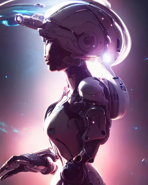 Image similar to perfect android girl on a mothership, warframe armor, beautiful face, scifi, futuristic, galaxy, nebula, raytracing, dreamy, long white hair, blue cyborg eyes, sharp focus, cinematic lighting, highly detailed, artstation, divine, by gauthier leblanc, kazuya takahashi, huifeng huang