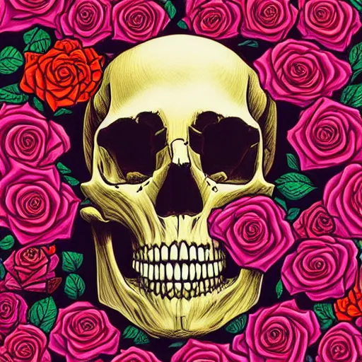 Image similar to ortographic view of a large skull and vivid roses by Jen Bartel and Dan Mumford and Satoshi Kon, gouache illustration