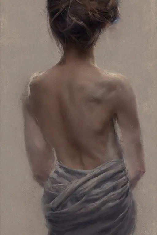 Image similar to girl with messy bun hairstyle, back view, tattoo sleeve, jeremy lipking, joseph todorovitch