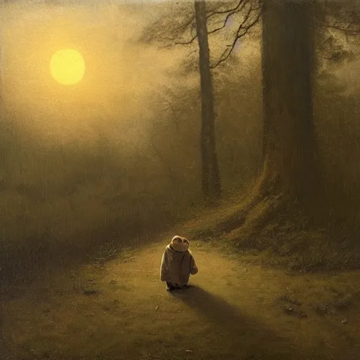 Image similar to high - angle view, shot from 5 0 feet distance, baby yoda strolls on a well lit path in a dimly lit forest. dramatic clouds, setting sun. oil on canvas painting,, light, shadow, contrast, detailed, depth, volume, chiaroscuro, drama, quiet intensity, serene, willem kalf,