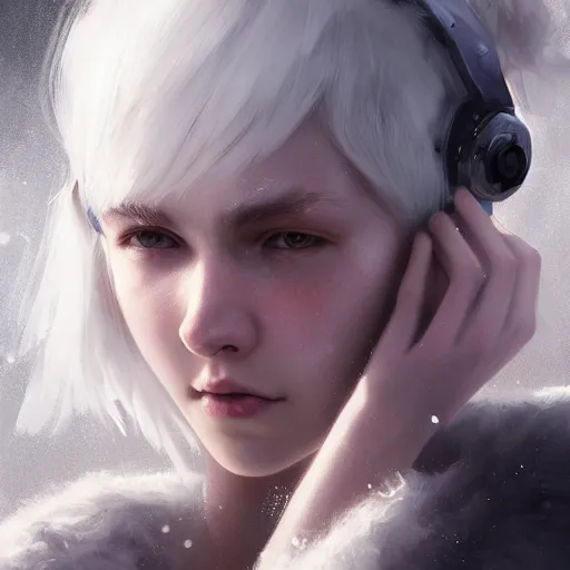 Image similar to a white haired girl wearing earmuffs with cyborg eyes, digital art, 8 k resolution, unreal engine, highly detailed, pretty face, very beautiful face, very detailed eyes, photorealistic by wlop, greg rutkowski