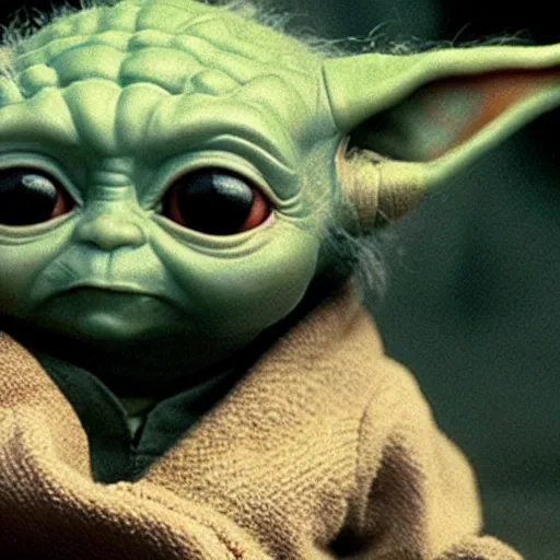 Image similar to A film still of Baby Yoda as a Jedi king realistic,detailed