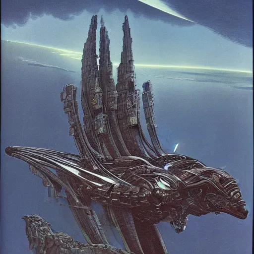 Image similar to intricate, spaceship in orbit of a alien planet, style by caspar david friedrich and wayne barlowe and ted nasmith.