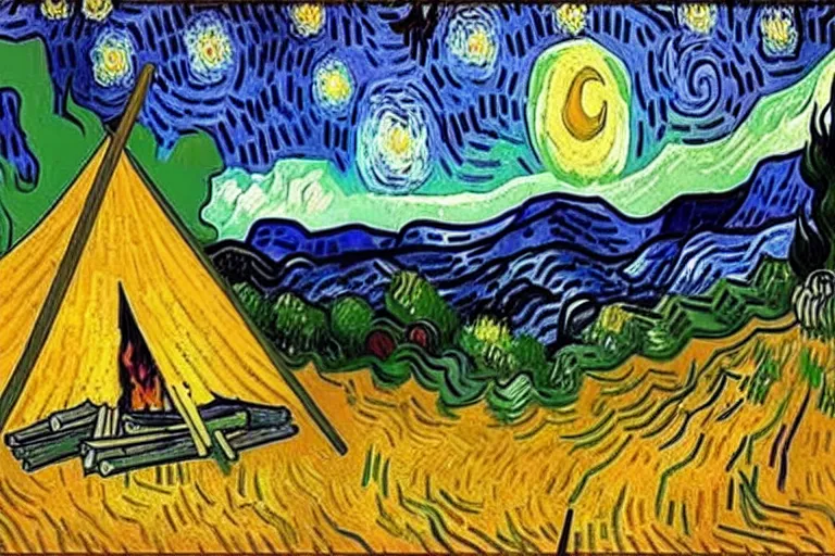 Image similar to van gogh painting of a campsite with bonfire