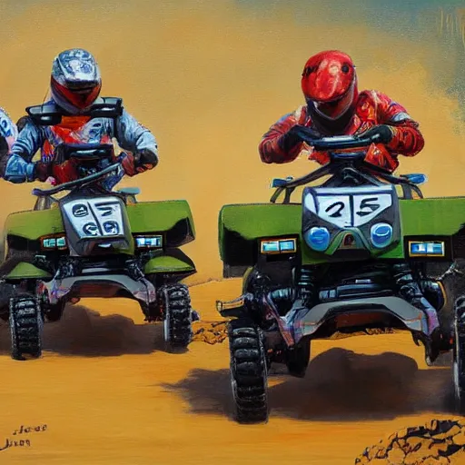 Image similar to all terrain vehicle race, painting by jerome bosch