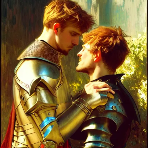 Image similar to attractive arthur pendragon and his attractive male knight, they are in love, natural lighting, path traced, highly detailed, high quality, digital painting, by gaston bussiere, craig mullins, alphonse mucha j. c. leyendecker