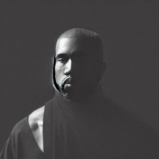 Image similar to a chiaroscuro lighting portrait of kanye west dressed as rick owens, black background, portrait by julia margaret cameron, shallow depth of field, 8 0 mm, f 1. 8