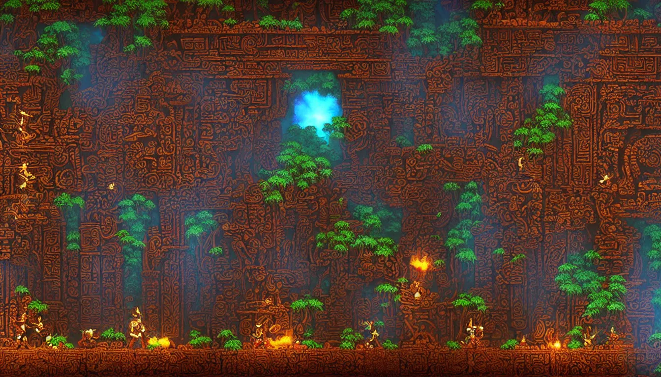 Image similar to majestic ancient mayan temple horizontal tunnel, side-scrolling 2d platformer game level, illuminated by torch lights, ruins with mayan glyphs, volumetric light , detailed carved ornaments, rich color, upscale , 8k