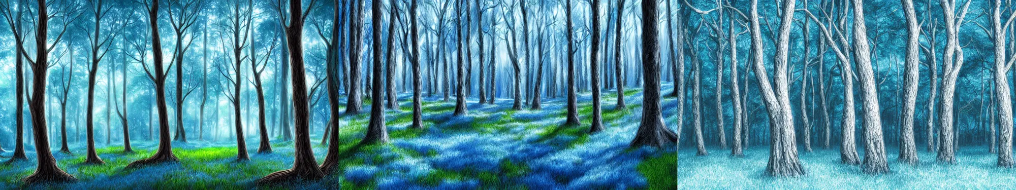 Prompt: Forest. White trees, white trunk. Gnarled trees. Blue grass, blue ground. Fantasy, digital painting, HD, 4k, detailed, vibrant, saturated, artwork.