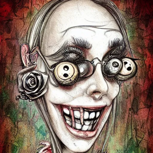 Prompt: grunge cartoon sketch of a human flower mix with a wide smile by - michael karcz, loony toons style, horror theme, detailed, elegant, intricate