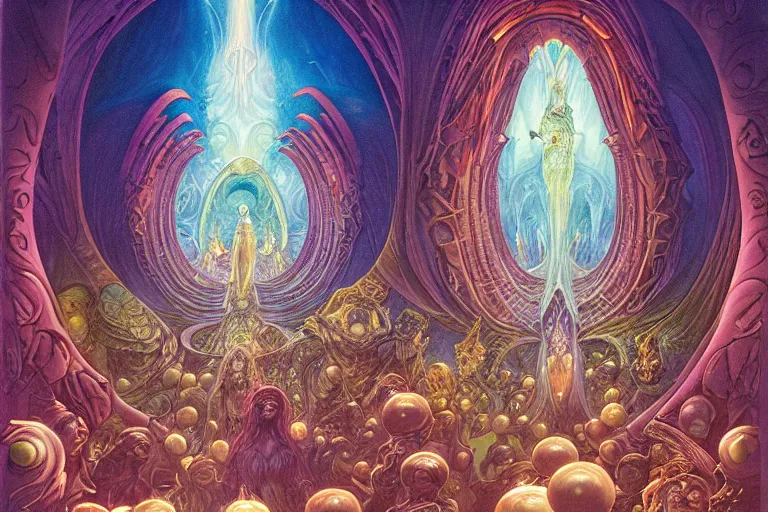 Prompt: suggestive mtg illustration by terese nielsen and charles vess of a large group of people entering the glowing doorway of a massive vulva - shaped temple constructed of carved iridescent pearls and house - sized crystals of impossible architecture floating in the astral plane