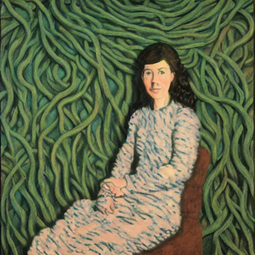 Image similar to portrait of an artist in her apartment, wrapped in vines, stones, black walls, puddles, moss, acrylic on canvas, by magritte and monet
