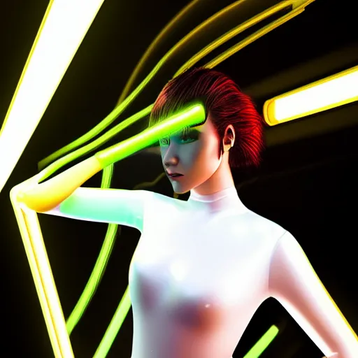 Image similar to a portrait of a female cyborg, fashion, streak lights, ligjt trail, color gel, photogtaphy, canon r 5, wide angle, white background, 3 d render, unreal engine, white suit, neon, neonlights