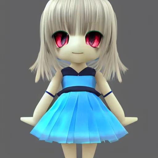 Prompt: cute fumo plush of a girl in a blue and oragne dazzle pattern dress, anime, character silhouette, edge glow, cel shaded pbr, vray