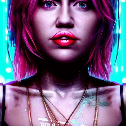 Image similar to miley cyrus portrait, Cyberpunk 2077, photorealistic, ultra detailed, cybernetic head, neon, octane, bokeh, cyber, cyber style, feature, scars, cyberface, 8k