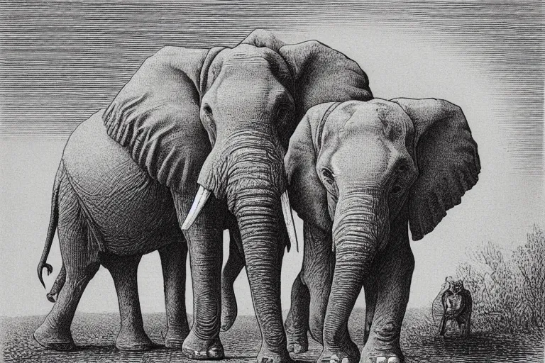 Image similar to elephant holding flat planet, Gustave Dore lithography