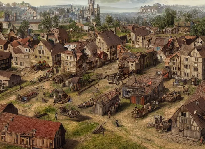 Prompt: realistic photo of a town, settlement, buildings, detailed scenery, middle ages time period
