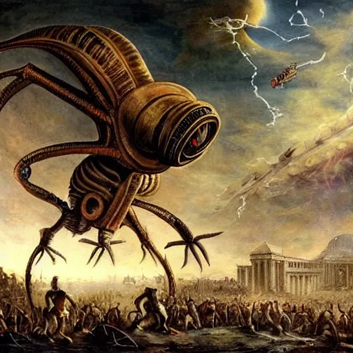 Image similar to alien invasion, fall of rome, epic painting