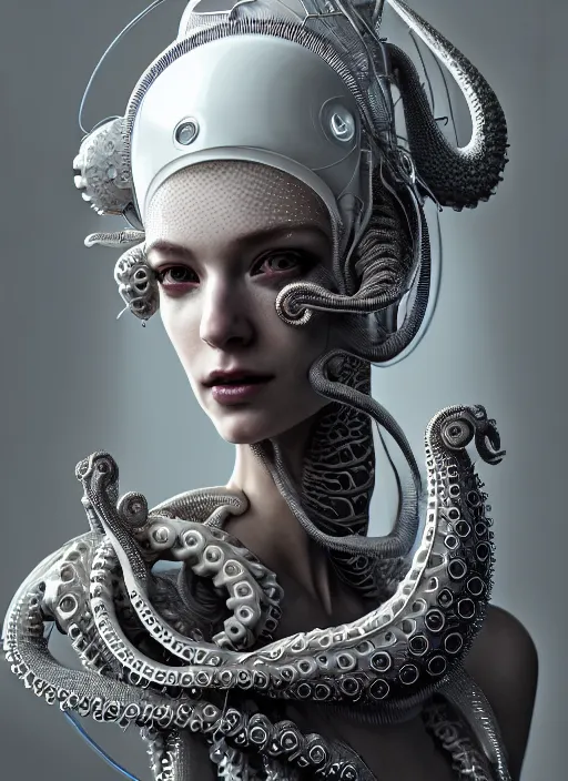 Prompt: portrait of an absurdly beautiful, graceful, sophisticated, fashionable cyberpunk mechanoid, hyperdetailed illustration by irakli nadar and alexandre ferra, intricate linework, white porcelain skin, faberge, octopus headdress, unreal engine 5 highly rendered, global illumination, radiant light, detailed and intricate environment