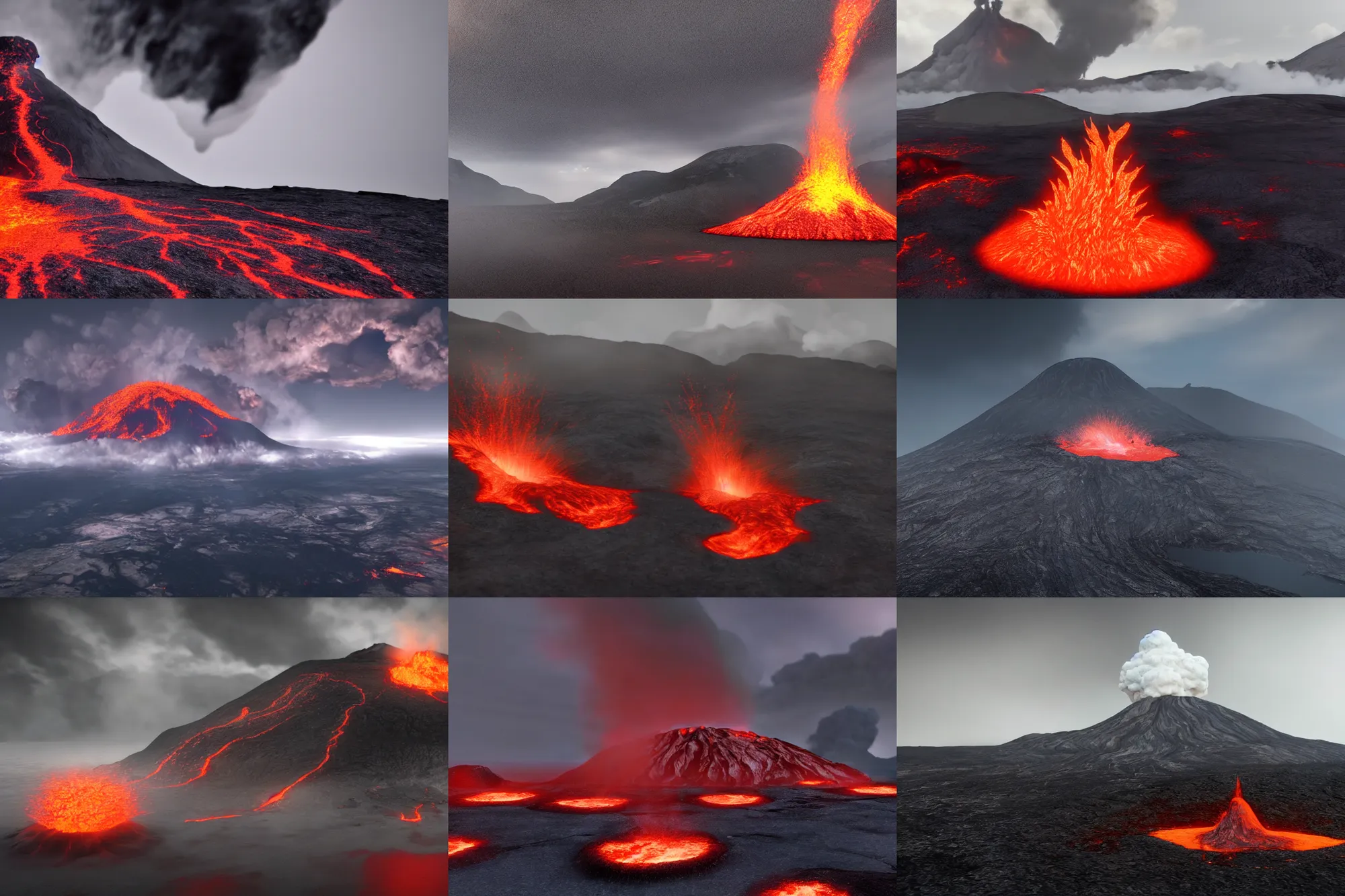 Prompt: Active volcano, foggy, clouds, lava, high quality render, artstation, Unreal engine 5, octane render, 4k, dark gray background
