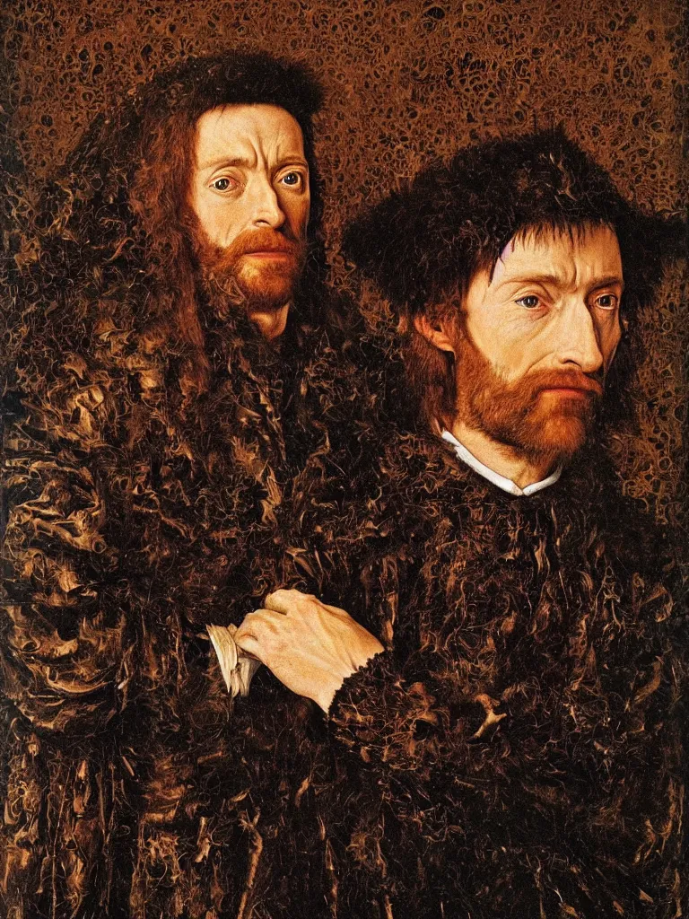 Image similar to portrait of hugh jackman, oil painting by jan van eyck, northern renaissance art, oil on canvas, wet - on - wet technique, realistic, expressive emotions, intricate textures, illusionistic detail