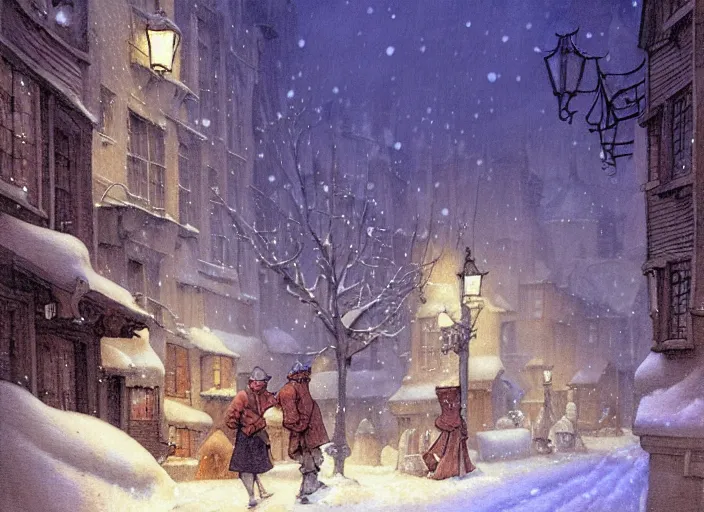 Image similar to a night scene of a snowy street, a detailed painting by anton pieck and gil elvgren, deviantart contest winner, fantasy art, concept art, official art