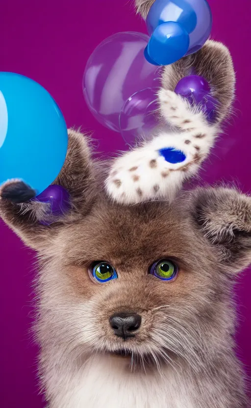 Image similar to An award winning photograph of a blue-eyed furry creature, red fur, with a large purple mustache, large eyes, bubbles in the air, wheels for hands, studio lighting, medium shot, Sigma 85mm, 8k