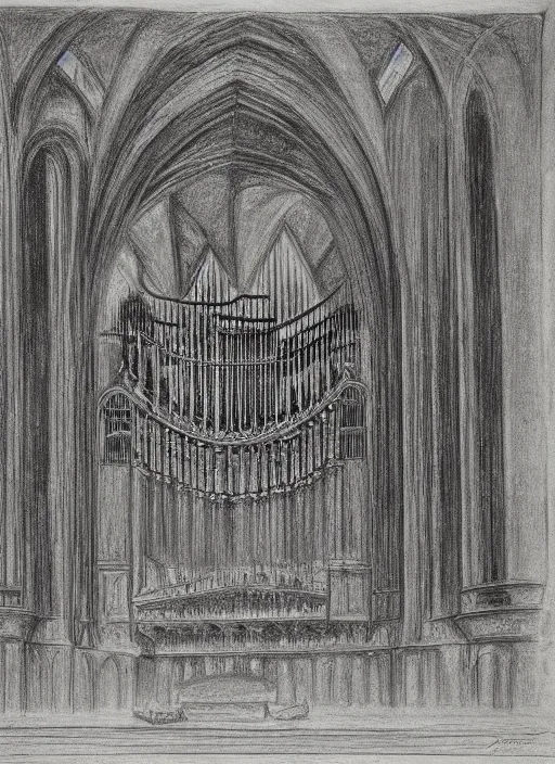 Image similar to pipe organ in a sunken cathedral, 1 9 th century charcoal and pencil drawing, high detail, high contrast