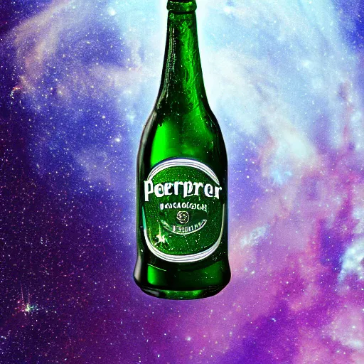 Prompt: a photo of a bottle of Perrier in space with nebula, we can see the space through the bottle, beautiful, hyper realistic, photorealistic, transparence, reflections, refraction, caustics, raytracing, 8K, trending on artstationHQ