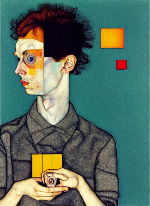 Image similar to creative programmer with a computer in geometric harmony, by egon schiele and quint buchholz, portrait, colorful, escher++, detail