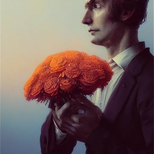 Image similar to portrait of god, holding a bouquet of flowers ， exude an eternity ， hyperrealistic, by beeple, greg rutkowski, caspar david friedrich, smooth, illustration, elegant, artstation, digital painting.