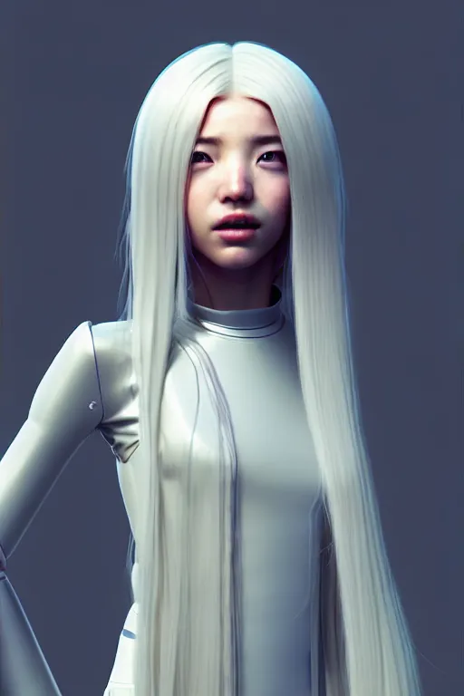 Image similar to upright and straight girl, bae suzy, scifi, futuristic design, full body model, long white hair, character design, cinematic lighting, highly detailed, by beeple, goro fujita, smooth gradient.