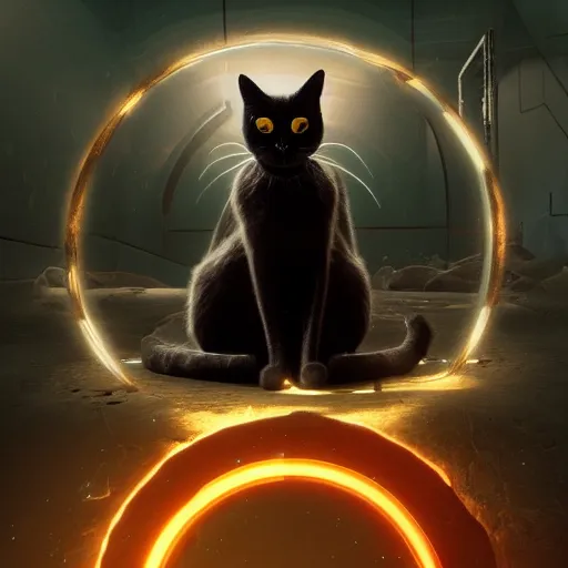 Prompt: black cat sitting next to an energy ringed portal, photorealistic, octane, Unreal Engine, finalRender, concept art, digital illustration, artstation, artstation hq, hd, 4k resolution