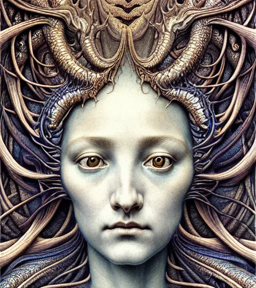 Image similar to detailed realistic beautiful dragon goddess face portrait by jean delville, gustave dore, iris van herpen and marco mazzoni, art forms of nature by ernst haeckel, art nouveau, symbolist, visionary, gothic, neo - gothic, pre - raphaelite, fractal lace, intricate alien botanicals, ai biodiversity, surreality, hyperdetailed ultrasharp octane render