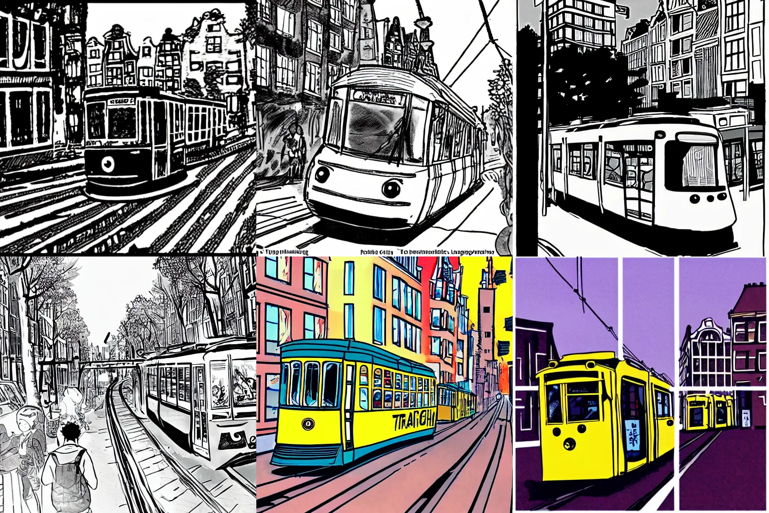 Prompt: manga comic of a tram running thrugh the streets of amsterdam